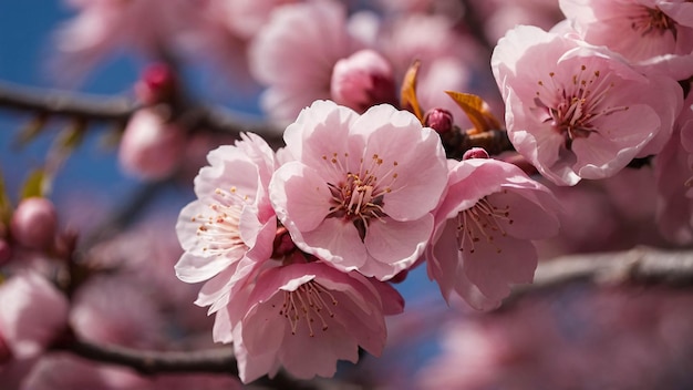 봄의 자연 풍경에서 꽃이 피는 분홍색 체리 꽃의 클로즈업 사진