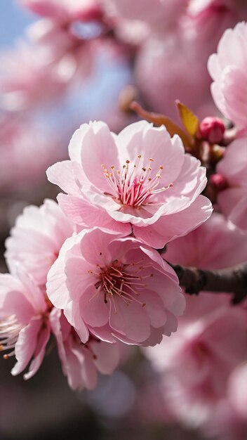 Photo Close Up of Pink Cherry Blossom Sakura Flower Blooming in Spring Nature Landscape