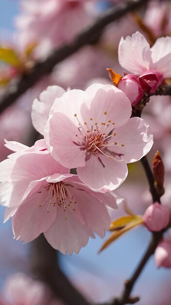 Photo Close Up of Pink Cherry Blossom Sakura Flower Blooming in Spring Nature Landscape