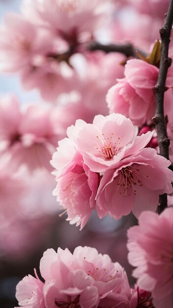 Photo Close Up of Pink Cherry Blossom Sakura Flower Blooming in Spring Nature Landscape