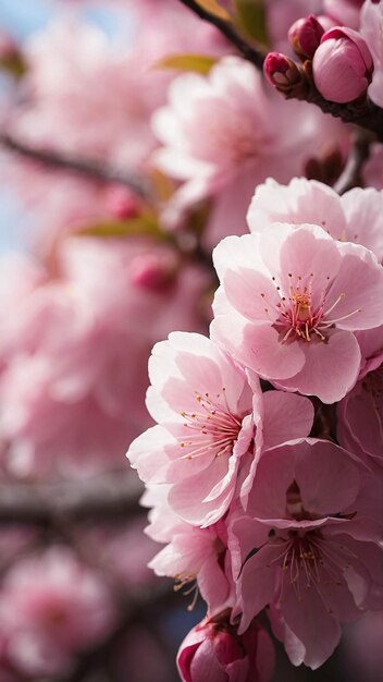 Photo Close Up of Pink Cherry Blossom Sakura Flower Blooming in Spring Nature Landscape