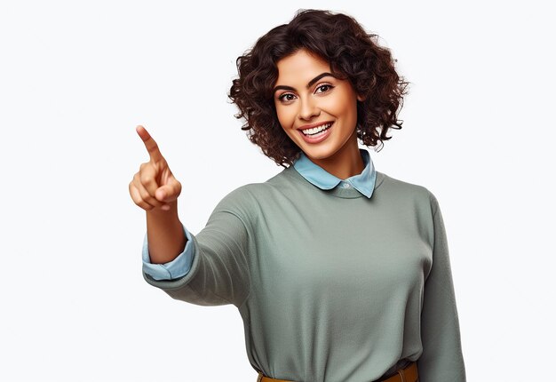 Photo photo close up portrait of nice cute beautiful smiling girl pointing with her finger to copy space