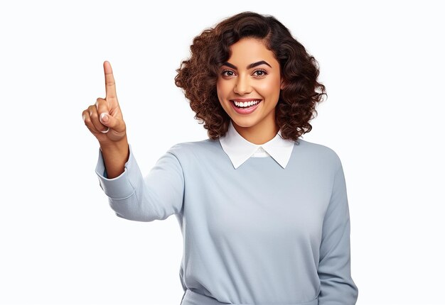 Photo photo close up portrait of nice cute beautiful smiling girl pointing with her finger to copy space