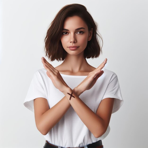 photo close up portrait of a woman showing stop gesture