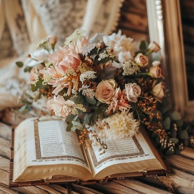 photo close up quran and bouquet of flower