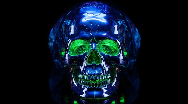 Photo close up on reflective glowing human skull shape