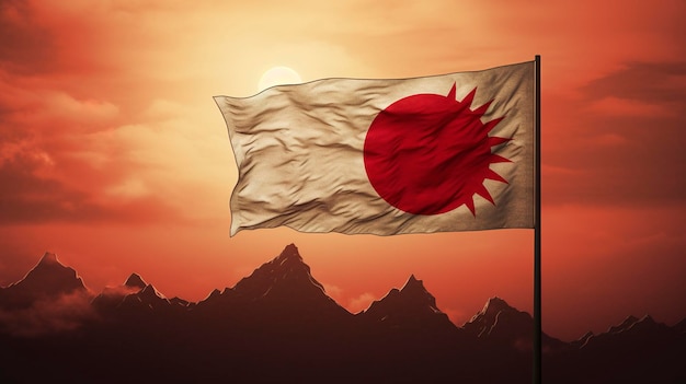 Фотография крупным планом японского флага восходящего солнца Нисшки с ярким красным кругом.