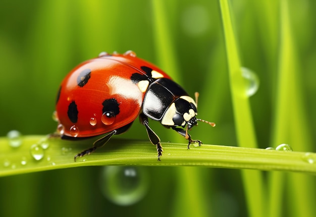 Photo close up shot of lady bug lady birds on green leaves flowers with water drops in morning