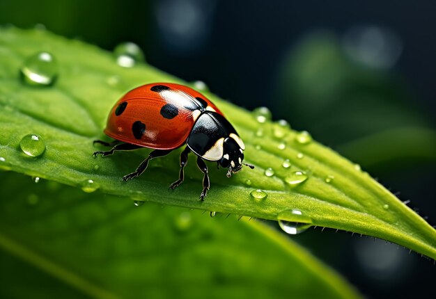 Photo close up shot of lady bug lady birds on green leaves flowers with water drops in morning