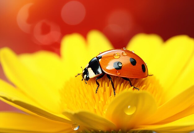 Photo close up shot of lady bug lady birds on green leaves flowers with water drops in morning