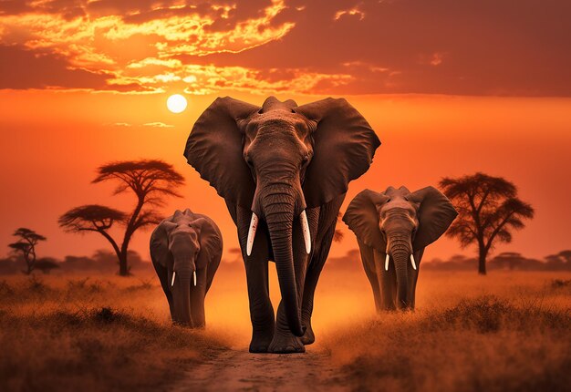 Photo close up shot of wild elephants family walking at the evening sunset in the summer forest