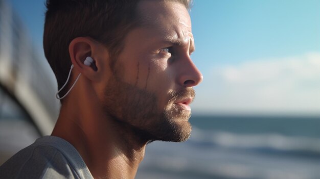 Photo close up on young fit person jogging by the sea