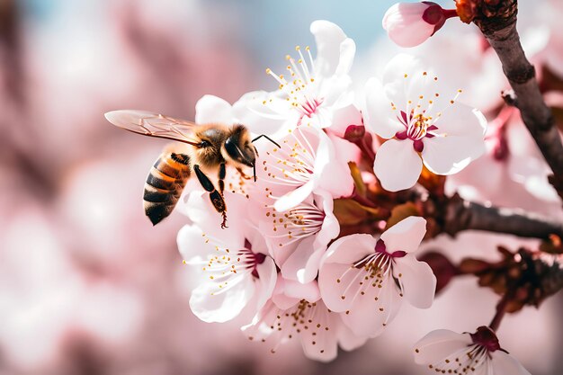 Photo photo of closeup of a bee pollinating a flower 4k wallpaper