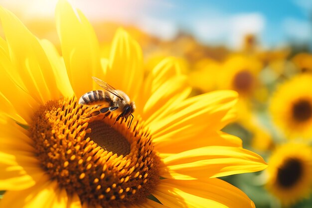 Photo of closeup of a bumblebee on a sunflower with a