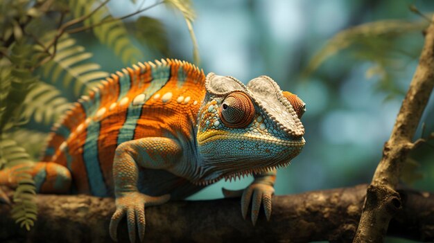 A photo of a closeup of a camouflaged chameleon