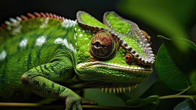 a photo of a closeup of a chameleon on a leaf