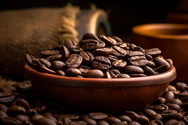 Photo of Closeup of coffee beans in a wooden bowl