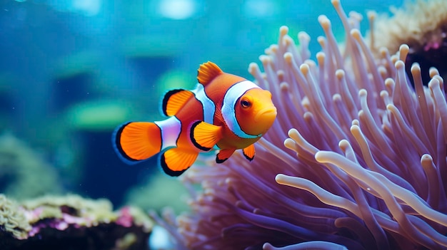 A photo of a closeup of a colorful clownfish