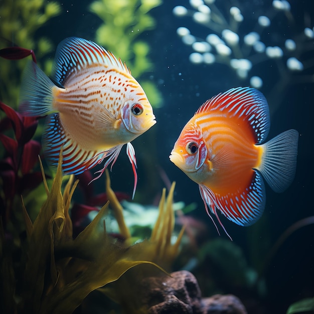 photo closeup of Discus and Guppy in an aquarium