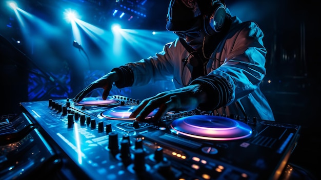 푸른 빛 아래에서 일하는 DJ의 사진 근접 촬영