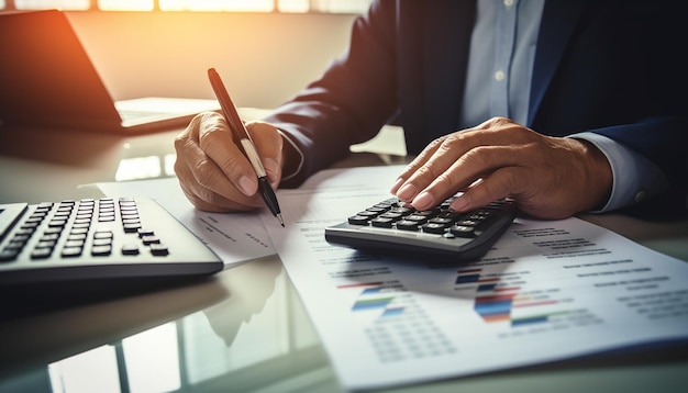 photo closeup of economist using calculator while going through bills and taxes in the office