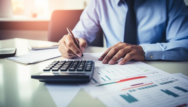 photo closeup of economist using calculator while going through bills and taxes in the office