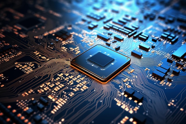 photo closeup of electronic circuit board with cpu microchip electronic components background