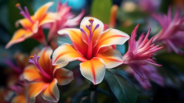 A photo of a closeup of exotic tropical flowers