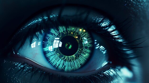 A photo of a closeup of an eye with laser beams