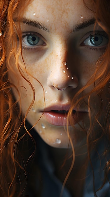 Photo closeup face of young red ginger freckled woman perfect healthy freckled skin generative ai