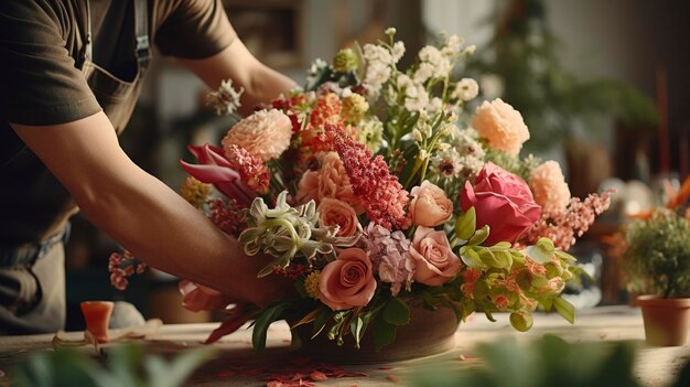 photo of a closeup of a florist adding final touches to an arrangement