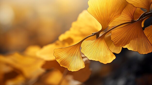 A photo of a closeup of a ginkgo biloba leaf with golden color