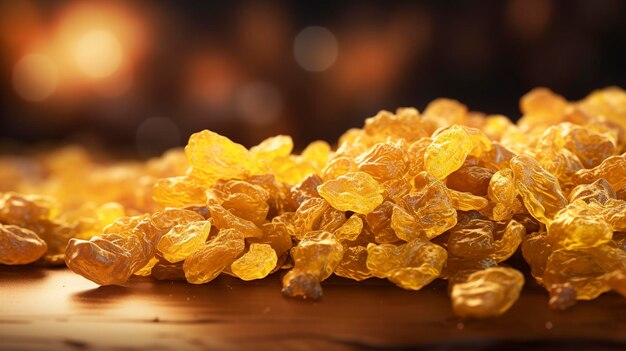 A photo of a closeup of golden raisins scattered on wooden table