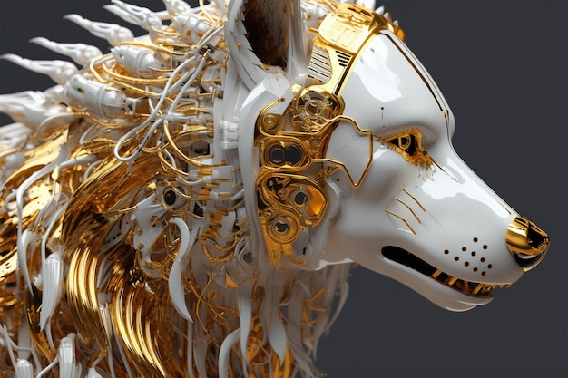 Photo closeup of a hightech wolf robot in white and gold generative ai