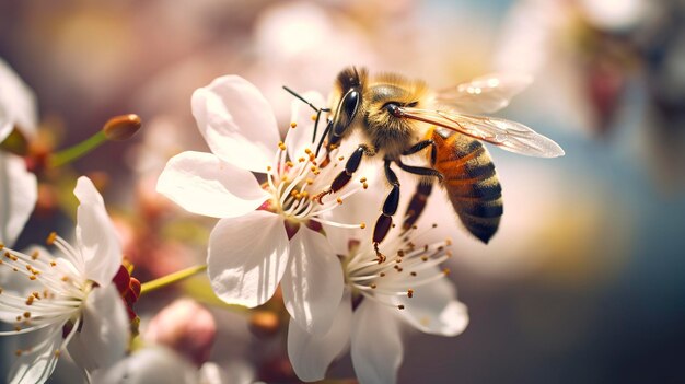 A photo of a closeup of a honeybee pollinating a flower