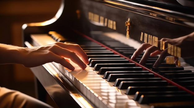 Photo closeup of human hands playing the piano