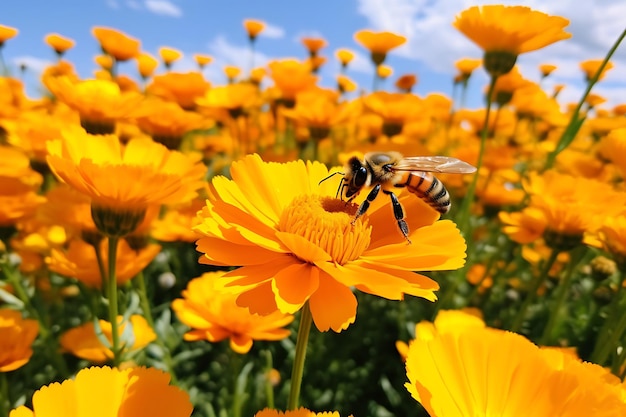 クローズアップのメリーゴールドの花とミツバチの写真