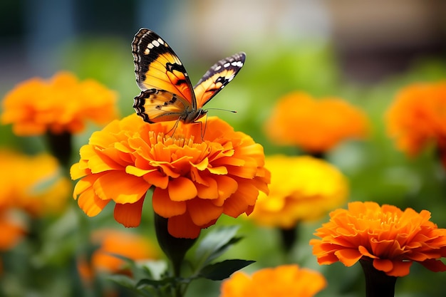 Photo of Closeup of marigold flowers with a butterfly