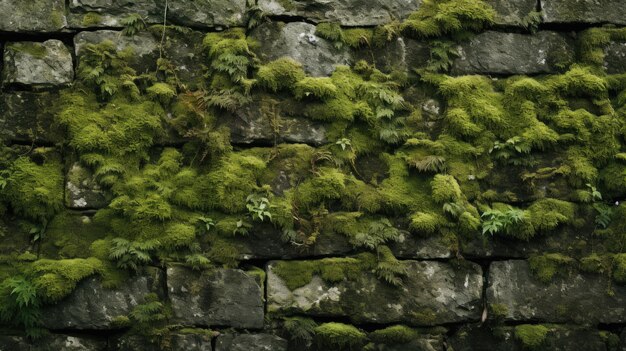 A photo of a closeup of a mosscovered stone wall