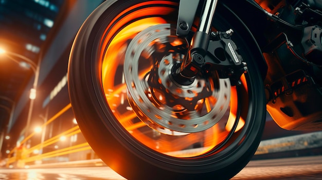 A photo of a closeup of a motorcycle wheel in motion