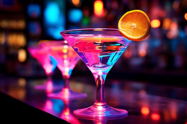 Photo of Closeup of a neonlit cocktail glass neon background