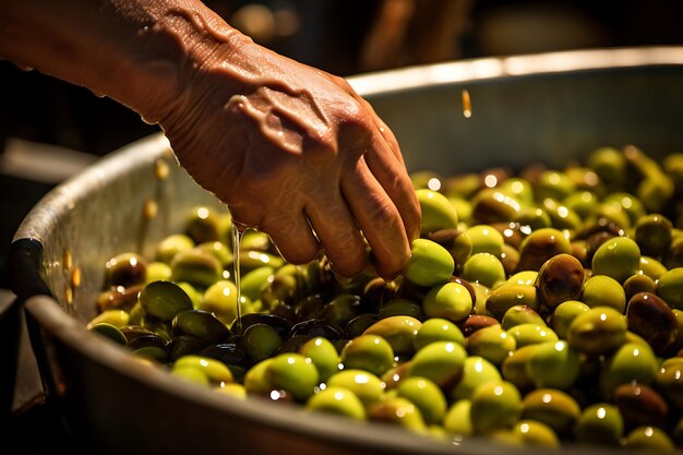 Foto foto ravvicinata di olive che vengono selezionate e lavate