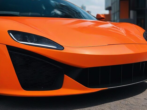 Фото вблизи оранжевого универсального и немаркированного спортивного автомобиля в современном городском генераторе ИИ