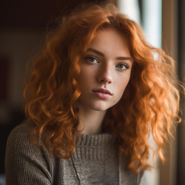 青い目をした巻き毛の赤毛の女性の写真のクローズ アップの肖像画