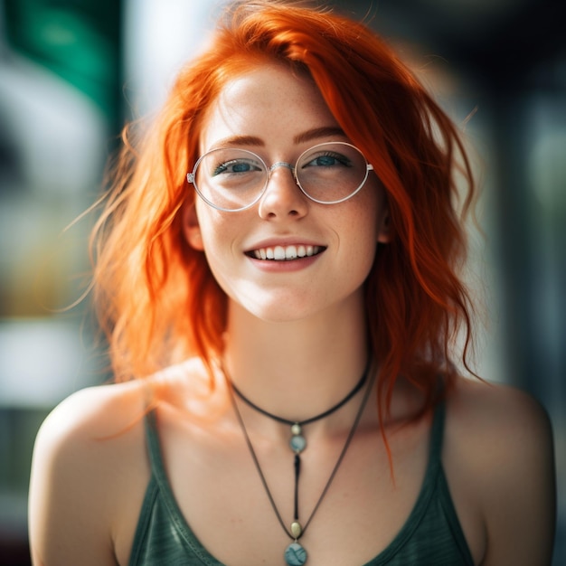 photo closeup portrait of curly redhead woman with blue eyes