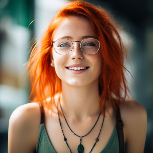 photo closeup portrait of curly redhead woman with blue eyes