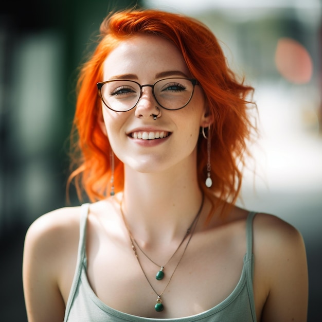 photo closeup portrait of curly redhead woman with blue eyes