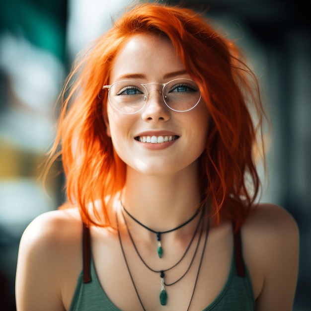 photo closeup portrait of curly redhead woman with blue eyes