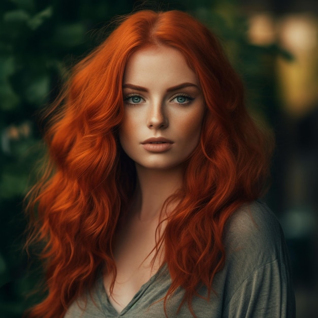 Photo closeup portrait of curly redhead woman with blue eyes