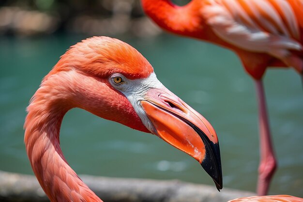 Photo closeup of a red flamingo with blurry background